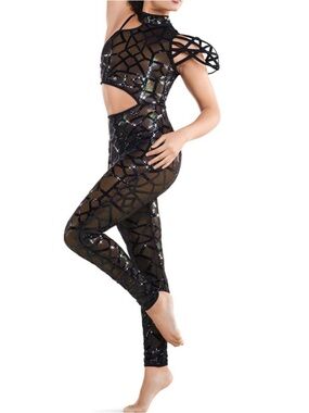 Tenth House Black Sequin Geometric Cutout Dance Jumpsuit Sz SA